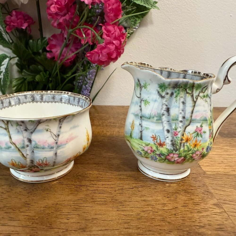 Royal Albert‎ Silver Birch Creamer and Sugar Set – Bone China England Birch Tree